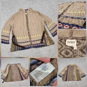 Ivko Womens Size 38 Wool Blend Knit Belted Open Cableknit Aztec Cardigan Sweater